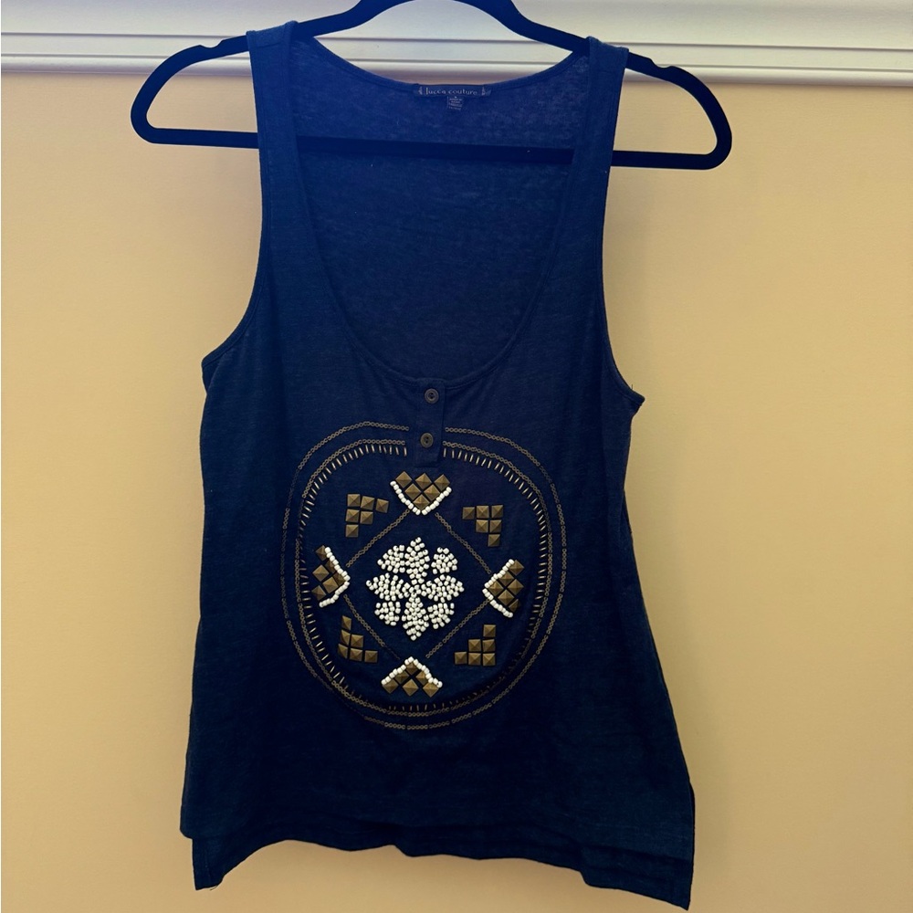 Lucca Couture Navy Blue Beaded Tank Top